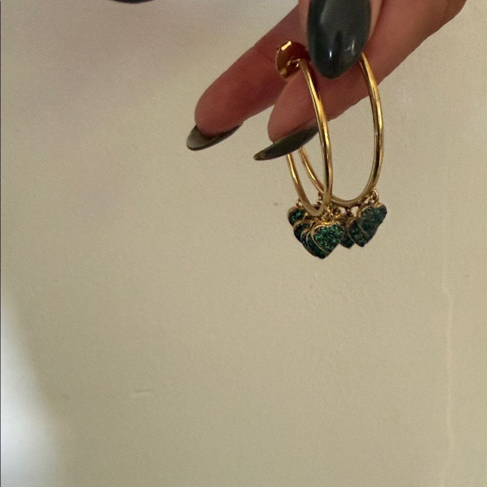 Elegant Gold Hoop Earrings with Green Heart Dangles NEW Hoop Earrings